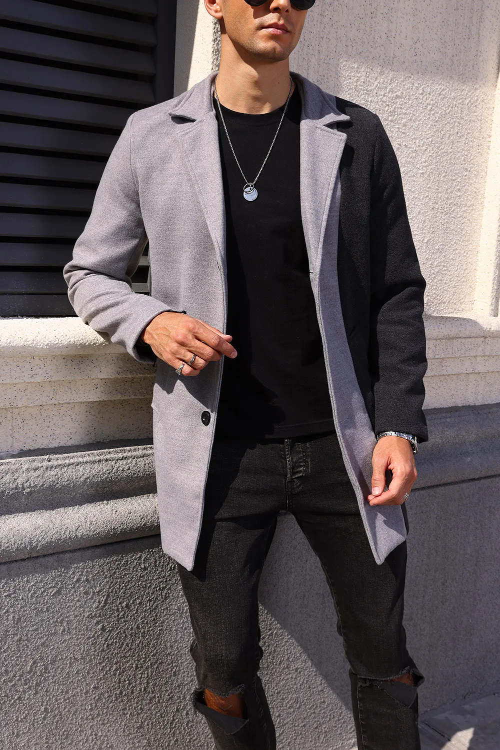 

Big＆ Tall Men's Colorblock Woolen Coat Button Front Pocket Casual Long Sleeve Lapel Neckline Outerwear for Fall Winter