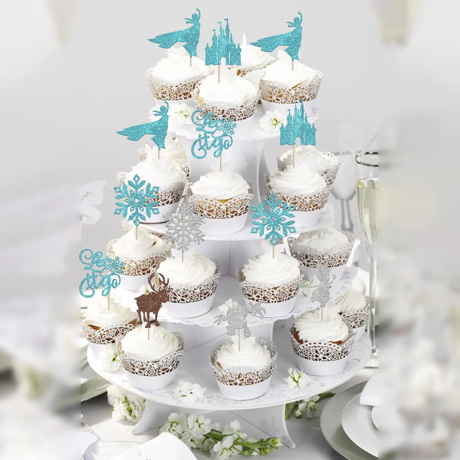24 Stück Schneeflocken-Cupcake-Topper Glitzer Winter Frozen Thema Schneeflocken-Schloss Hirsch Prinzessin Cupcake-Dekorationen für Winterwunderland