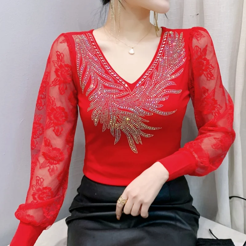 

Spring New European Clothing Womens Design Diamonds Slim T-Shirts Ladies Mesh Shirt Elegant Patchwork Lace Long Sleeve Tees Top