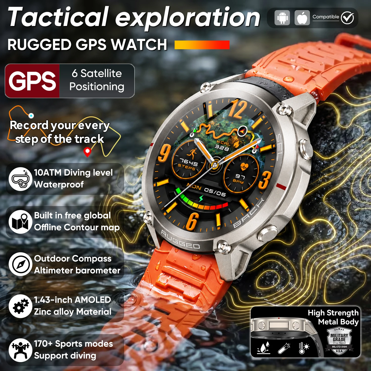 2026 New Offline maps navigation Smartwatch AMOLED Screen 5ATM Waterproof 170 Sport Mode Compass Smart Watch For Android iOS men