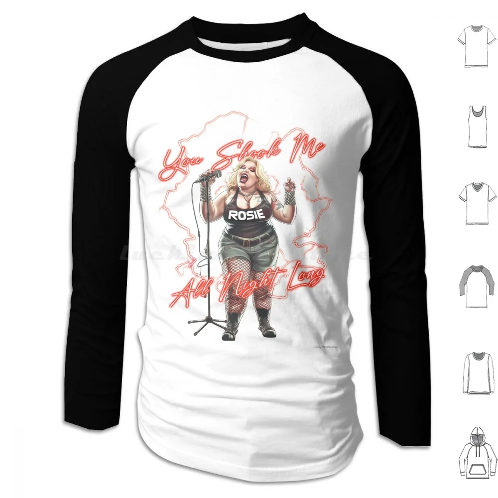 

You Shook Me All Night Длинная толстовка с капюшоном из хлопка с длинным рукавом Rockband Rosie Ai Generated Trbute Rocknroll Гитара Illustrative Hard