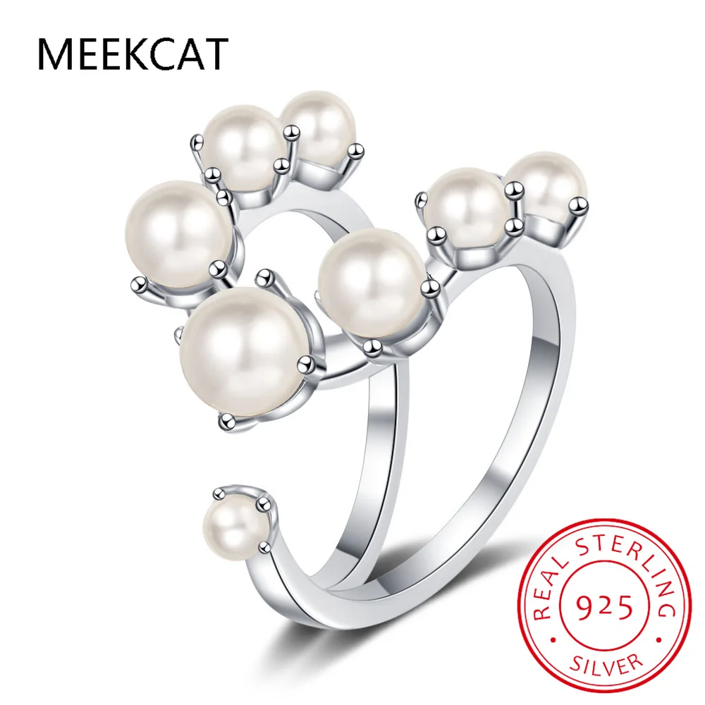 925 Sterling Silver Pearl Geometric Shape Adjustable Size 6-8 Finger Rings Fashion Platinum Plated Jewelry For Women Gift