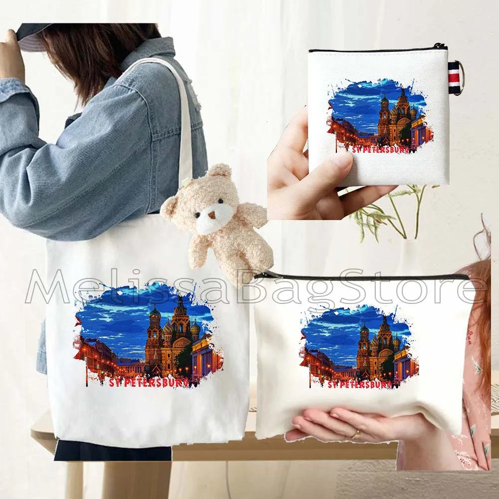 4PCS Gifts Saint Petersburg Russia White Canvas Tote Bag Handbag with Doll Key Coin Purse Cosmetic Makeup Toilet Bag Case Pouch