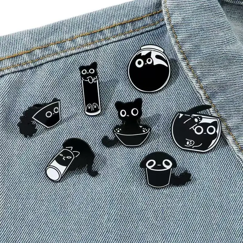7Pcs/Set Cute Cat Enamel Pins Custom Black Kitten Terrarium Badge On Backpack Lapel Brooches Animal Jewelry Gift For Kid Friends