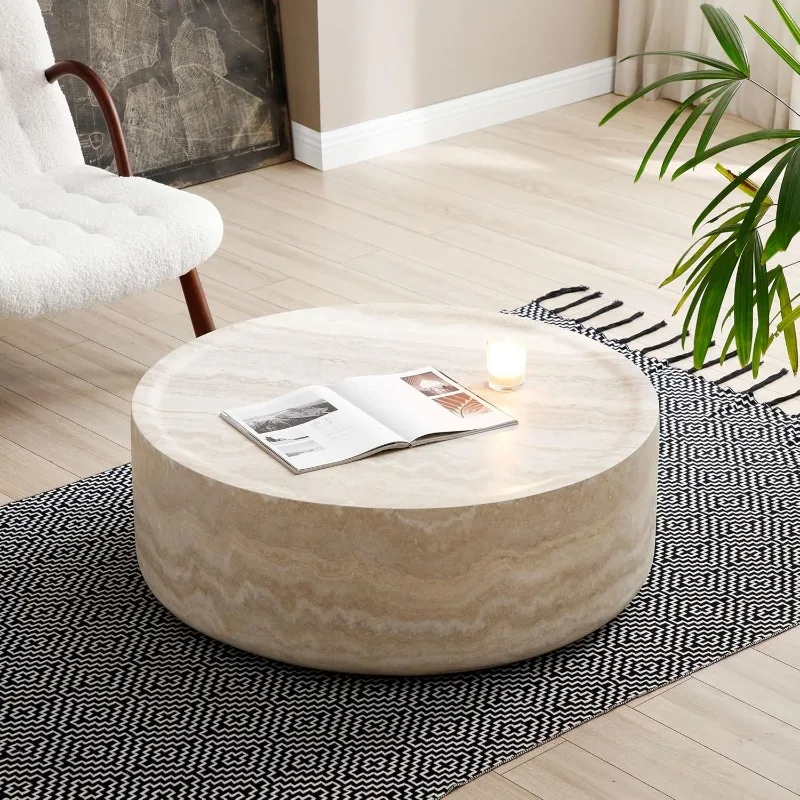 Round Coffee Table, 39.37” Modern Tea Faux Travertine Textured Table Fiberglass Side Table End Table for Living Room, Apartment