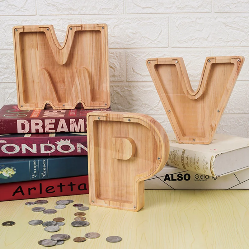 Personalized 26 Letter Wooden Piggy Bank Alphabet  Shaped Money Box Coin Saving Home Decor