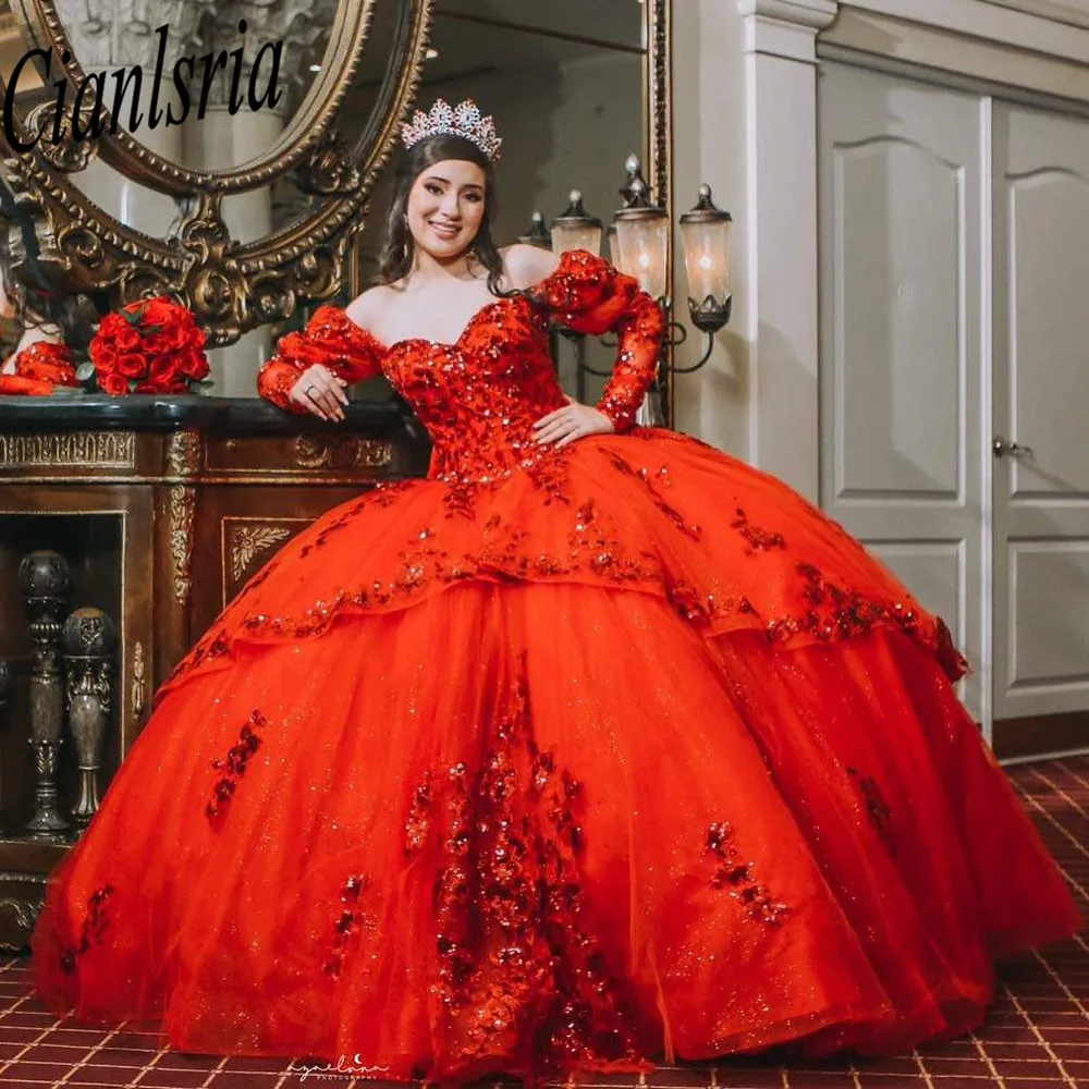 Robe Quinceanera en dentelle scintillante chérie rouge, robe de Rhformelle, robe de princesse d'anniversaire, 15, 16