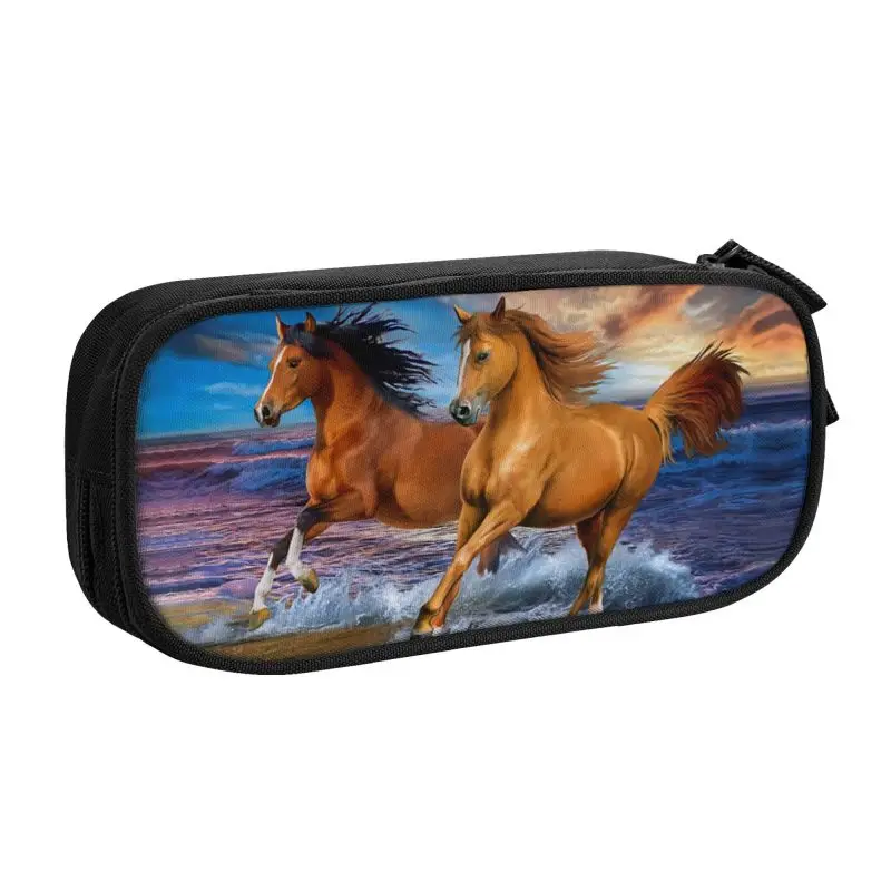 Cute Classic Horse Running Painting Pencil Cases for Boy Girl Large Storage Animal Pencil Pouch School Supplies