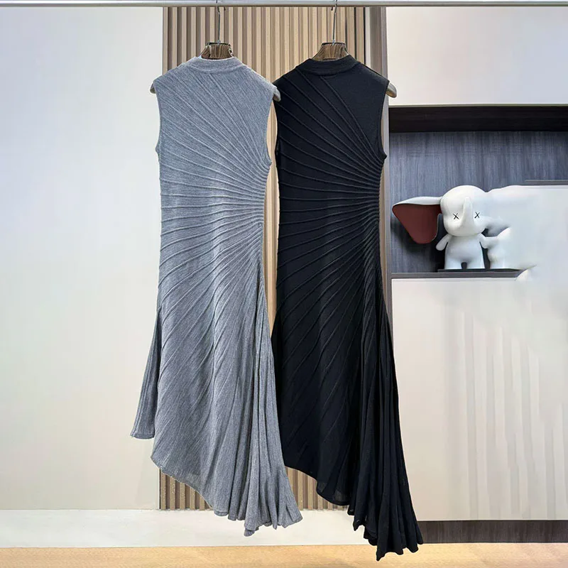 Women's Sleeveless Crew Neck Dress, Irregular Waisted Knit Maxi Dress, High Quality Wool Threaded Dress, 2026, New, y2k;