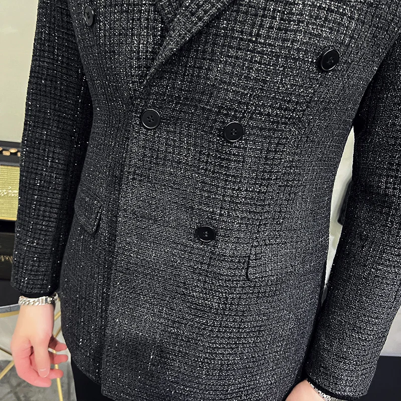 2025 lana de alta calidad ~ elegante todo fósforo textura atractiva gruesa guapo doble botonadura traje Casual hombres chaqueta de traje grueso