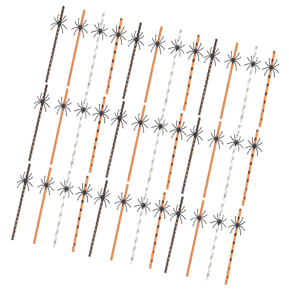 

40Pcs Halloween Paper Straws Spider Decor Orange Disposable Decorative Straws for Party Supplies Cold Drinks Fall Celebration
