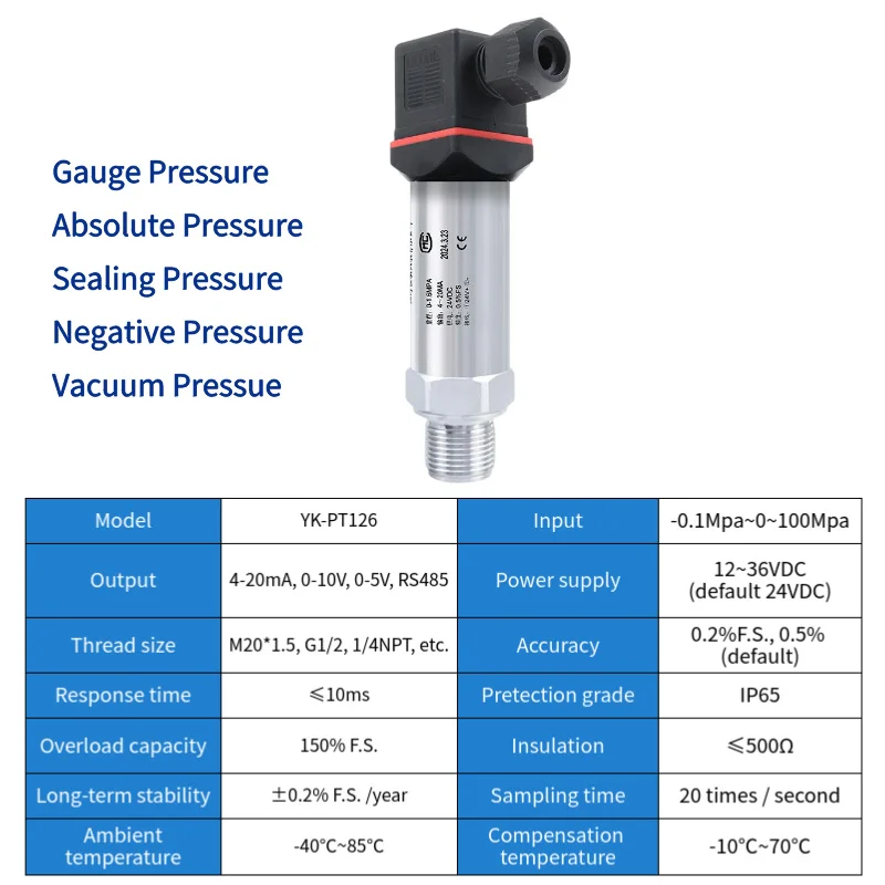 Pressure Transmitter 4 20ma Hydraulic Water Air Oil 0-100Mpa Optional Stainless Steel Pressure Transducer Sensor