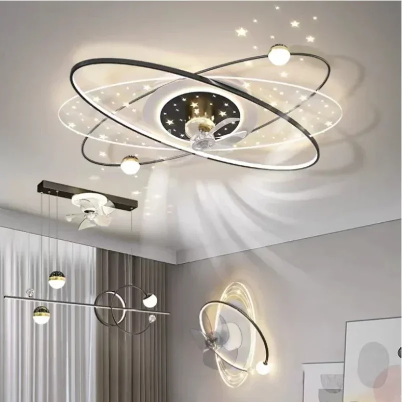 Living Room Ceiling Fan Light Led Shake Head Electric Fan Pendant Lamp Stars Sky Bedroom Intelligent Remote Control Pendant Fans