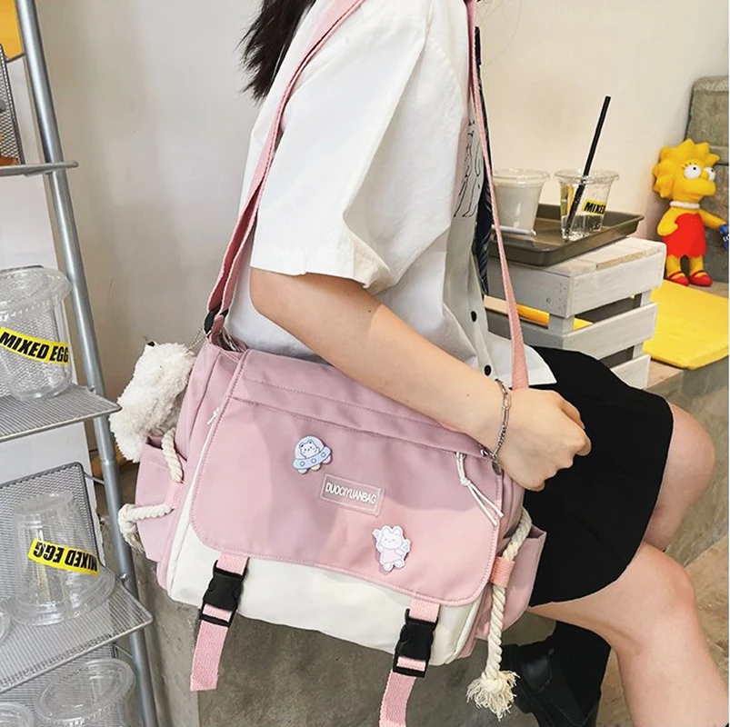 Japanese Harajuku Messenger Bags For Women Fashion Casual Student School Bags Cute Canvas Large Capacity Shoulder Crossbody Bag