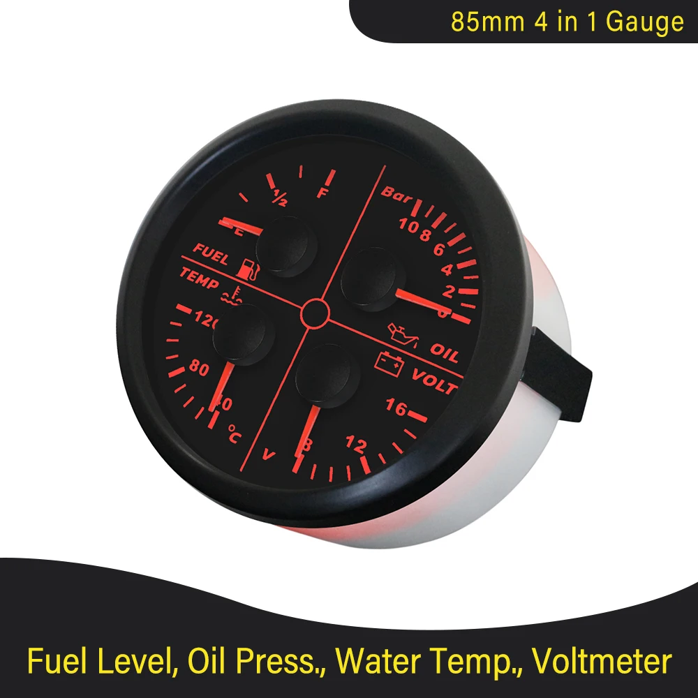 

ELING 85mm 4 in 1 Multi-function Gauge Oil Pressure Water Temp Fuel Level 0-190ohm 240-33ohm Voltmeter with Red Backlight