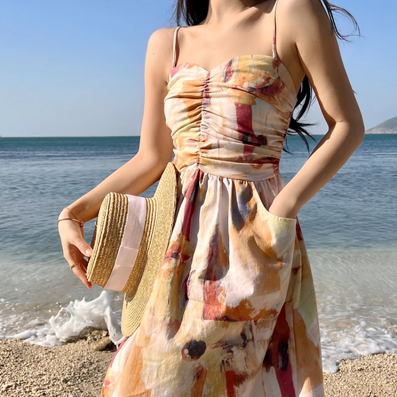 Fashion New Comic Print Strapless Dress Women Summer Beach Style High Waist Loose Long Camis Dresses with Pockets Woman 2022