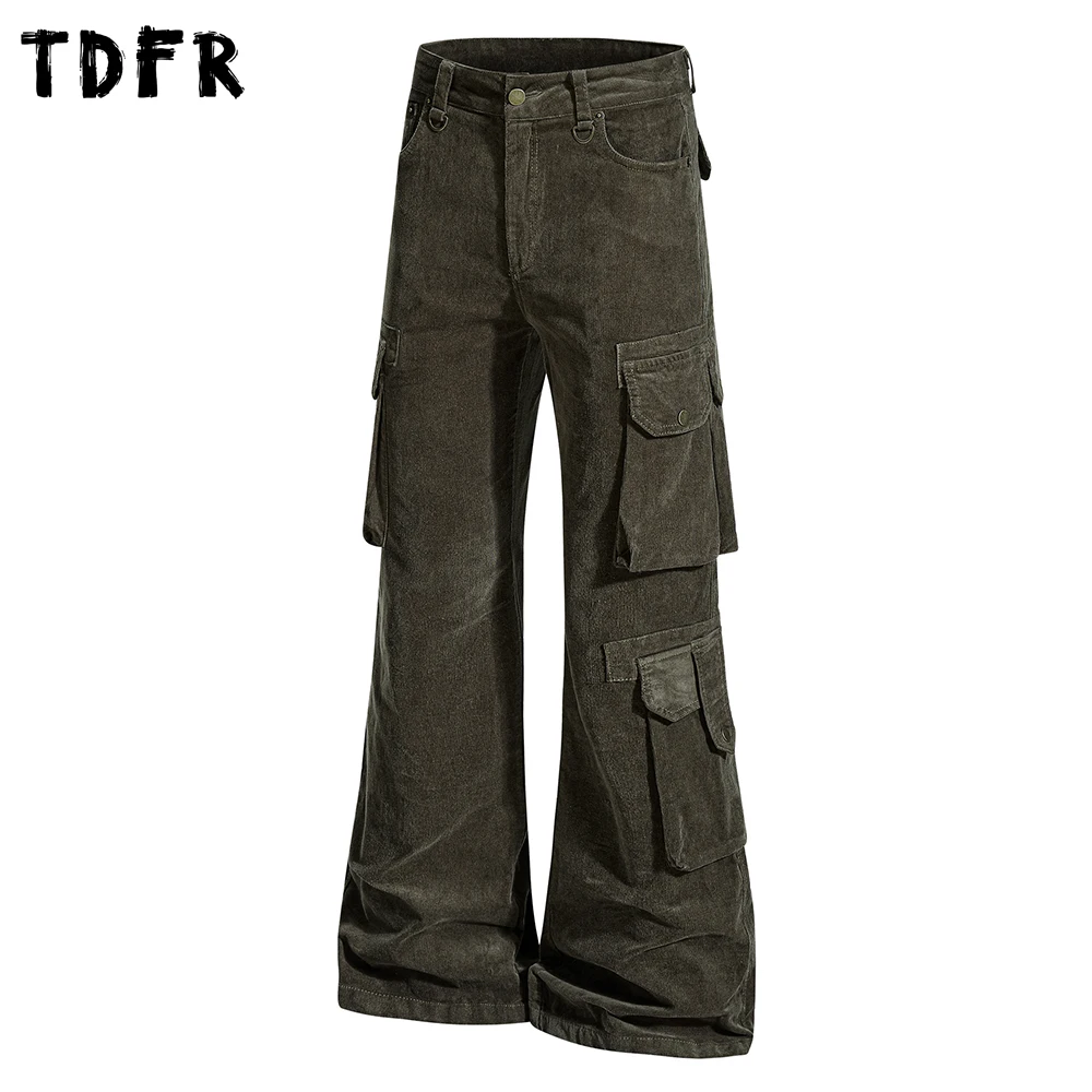 Corduroy Cargo Pants Mens Multi-Pocket Autumn Winter Retro Casual Straight Baggy Bootcut Pants Man