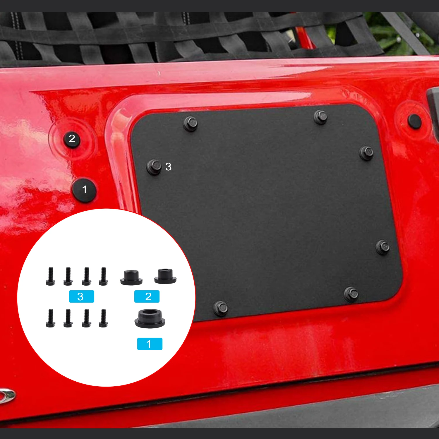 For Jeep Wrangler JK 2007-2017 Car Spare Tire Carrier Filler Plate Trim Tailgate Vent Decoration Cover with Rubber Plug Black