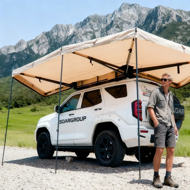 360 Degree Car Awning 2.5M,600d Oxford Waterproof UV50+ Four-Season Quick Opening Car Roof Top Awning Shelter Led Light