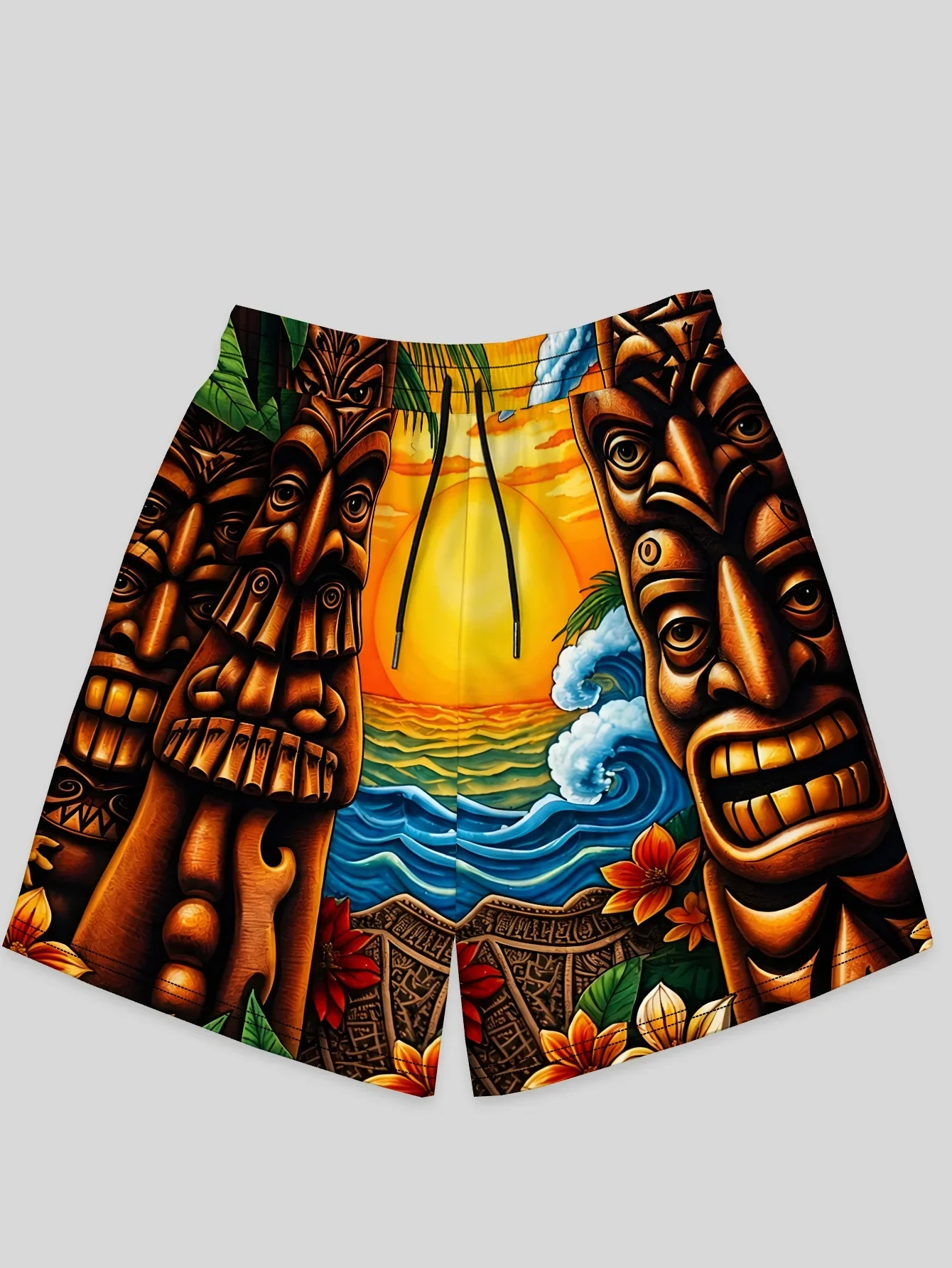 Tropical Polynesian Tiki Statue Sunset Sea Wave Floral Full Print Men Quick Dry Summer Beach Vacation Surfing Board Shorts