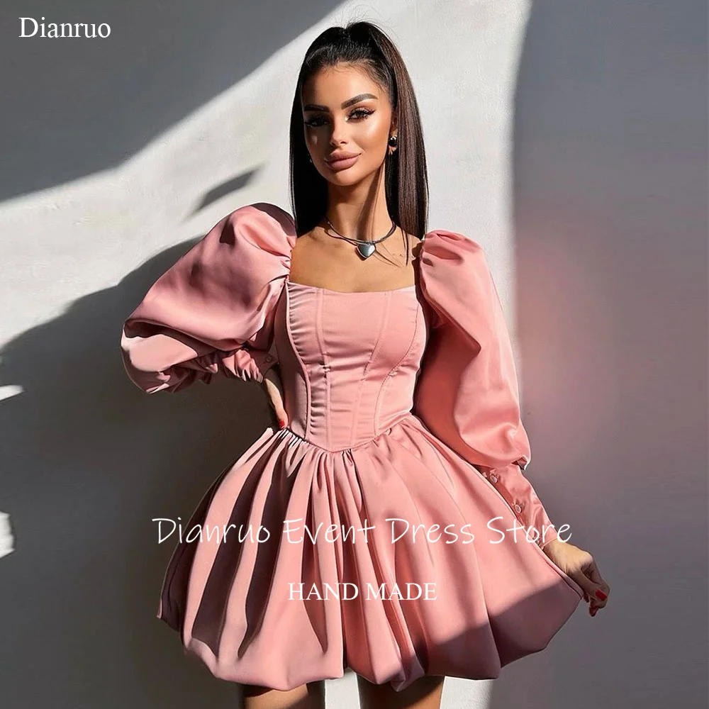 

Dianruo Square Neckline Satin Prom Dress A Line Puffy Mini Evening Gowns Vintage Inspired Style Robes De Cocktail Customized