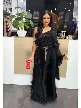 Miyake Fashion Design Dress Slanted Shoulder Solid Color Loose Women's Clothing Medium Length Elegant Dresses 2025 Summer New 3