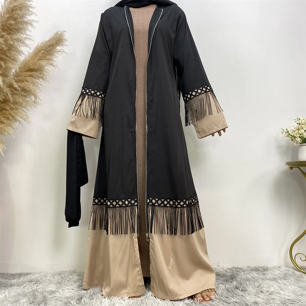 

2024 Zipper Open Abaya Women Muslim Tassel Long Maxi Dress Dubai Turkey Kaftan Islamic Clothing Arabic Robe Gown Abayas Caftan