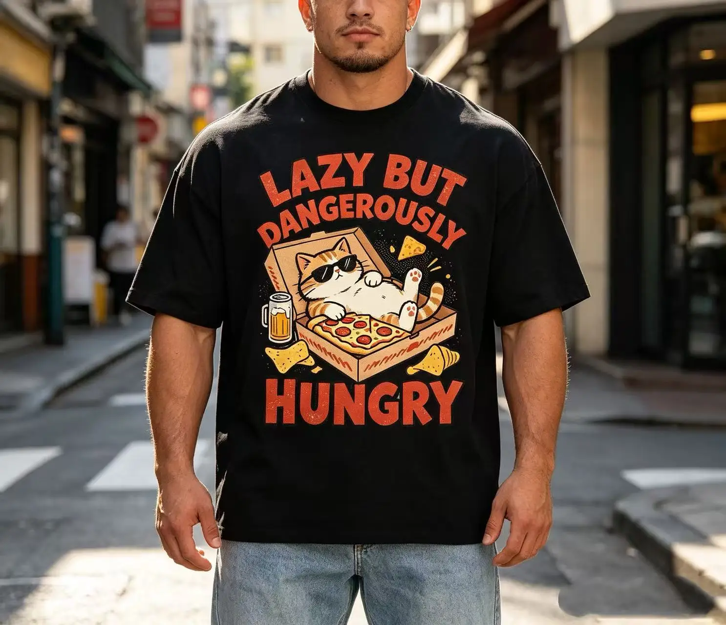 Unisex Lazy But Dangerously Hungry Cool Cat In Pizza Box Beer Cartoon Graphic T Shirt Men Women Funny Food Animal Print Oversized Crew Neck Tee