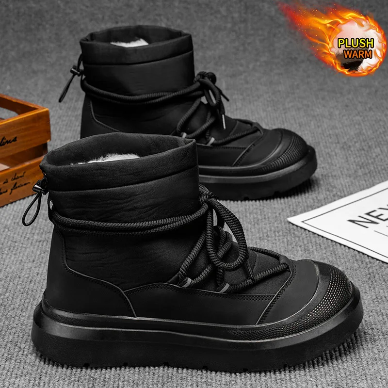 Winter Men's High-Top Thick-Soled Snow Boots Anti-Slip Fleece Lined Warm Cotton Cold-Resistant Waterproof Shoes