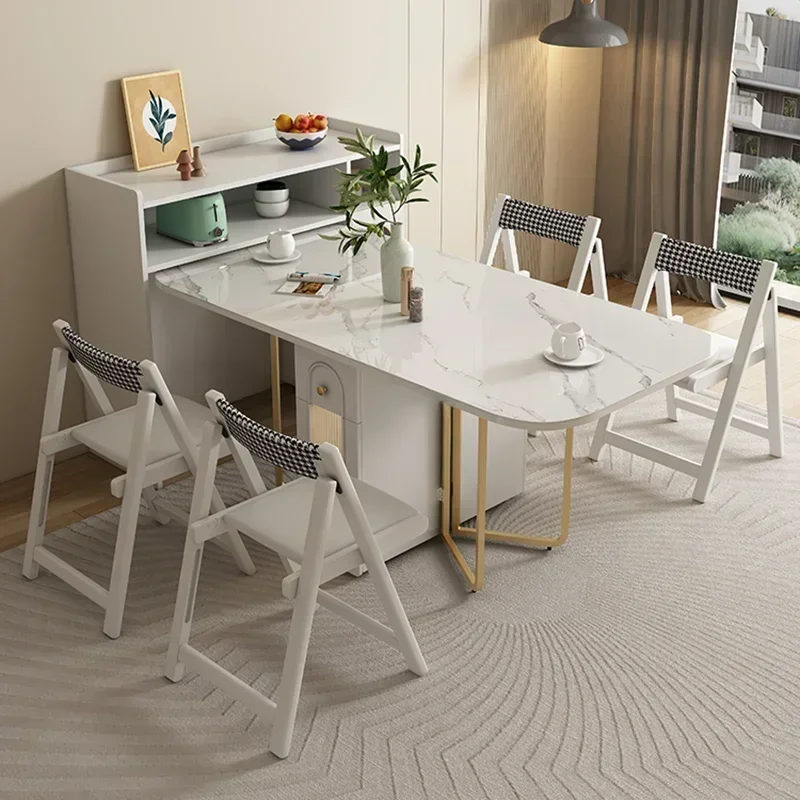 Simple Modern Folding Dining Table Set Small Household Space Saving White Rock Slab Tabletop Dining Room Small Apartment New