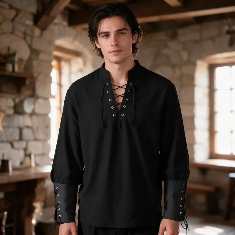 Men Medieval Pirate Shirt, Front Lace Up Long Sleeve Top with Lace Cuffs, Viking Renaissance LARP Halloween Cosplay Blouse