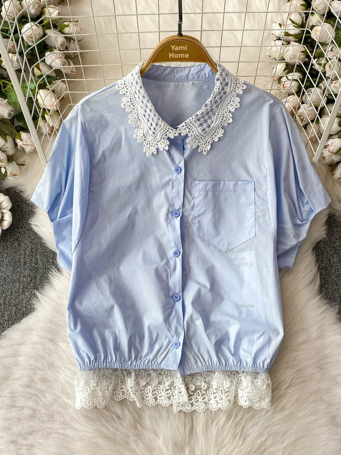 

2025 New Sle Women's Casual Stripe irt Lace Collar Lantern Sve Loose Slimming Top Korean Commute Faion Summer UV Pro...