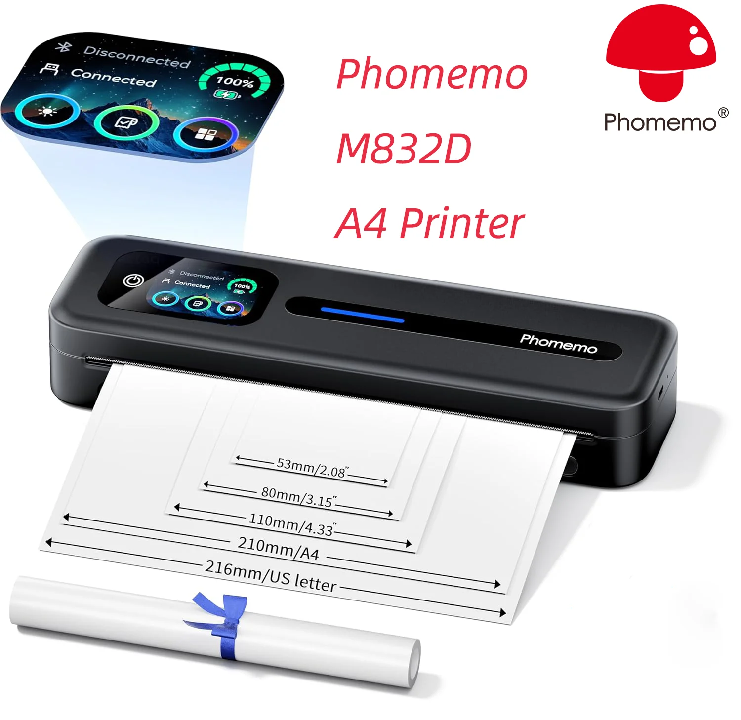 Phomemo Upgraded Portable A4 Printer with Touchscreen, M832D Bluetooth Wireless A4 Maker Thermal Inkless A4 Printer