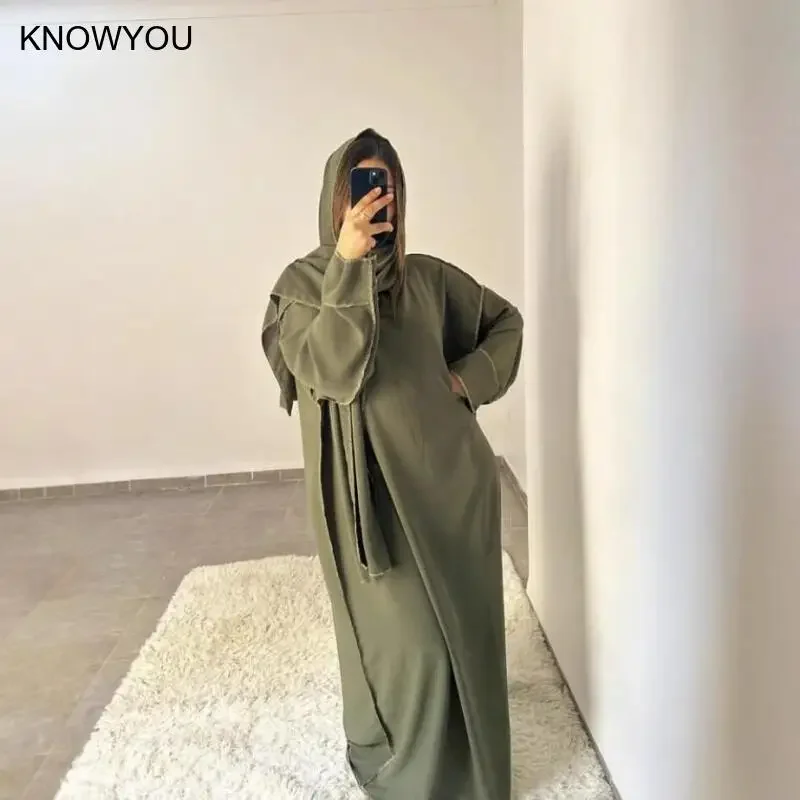 2ピース フード付きヒジャブ礼拝用ドレス アバヤ サウジアラビア風衣装 ラマダン ムスリムローブドレス イスラム教徒の服 ロングマキシドレス