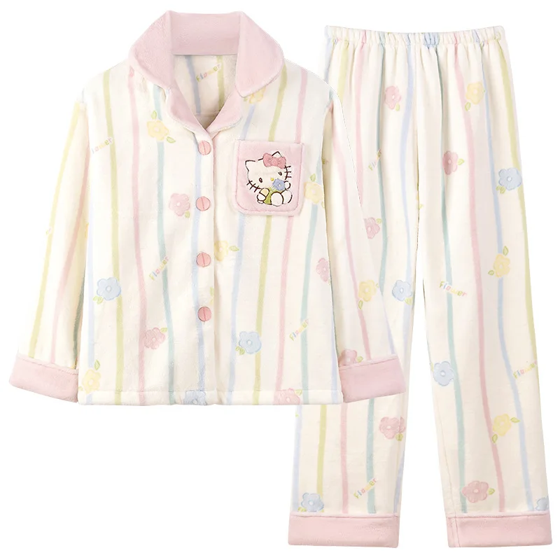 Sweet Girls Plush Pajamas Hello Kiity Female Flannel Thicken Warm Homewear Autumn Winter Long Sleeves Cardigan Lounge Clothes