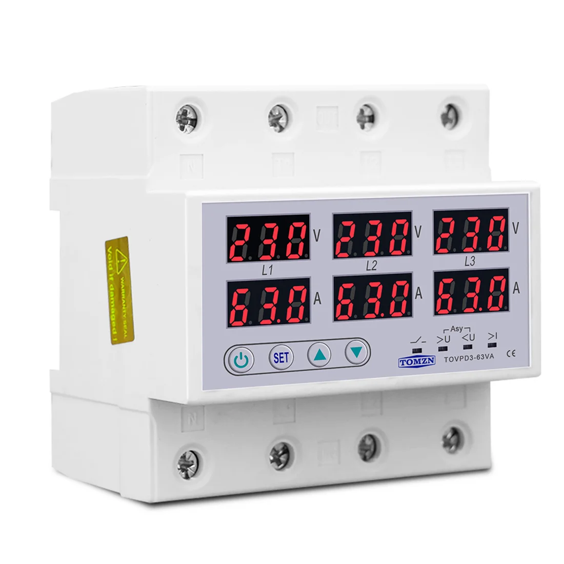 ABUL-TOMZN Din Rail 3 Phase Voltage Relay 3P+N Voltmeter Ammeter Over And Under Voltage Monitor Relays Protector 63A 230V With N