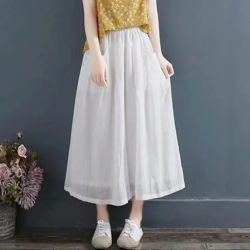 

Cotton Linen Wide Leg Pants Women Vintage Korean Style Elastic Waist Trousers Oversized High Waisted Casual Pleated Baggy Pants