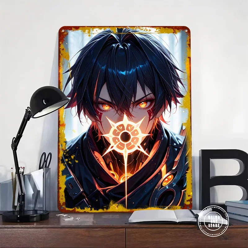 Anime Warrior With Glowing Eyes Printed Poster Customized Wall Art Retro Vintage Metal Tin Signs for Setup Decorations Wand Deko