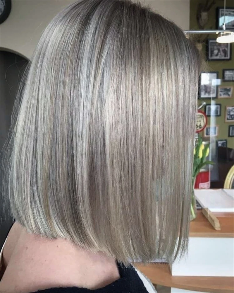 Straight Bob Lace Front Wig Short Women Wigs Ashy Blonde with Grey Brown Highlights Colored Synthetic Futura Lace Wig Glueless