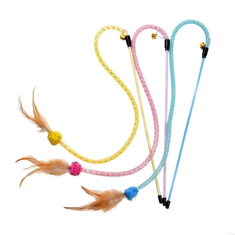 

Q0KA Pack of 3 Elastic Cats Wand Toy With Feathered Tip Mesh Tube Promote Relationship And Healthy Weight Management