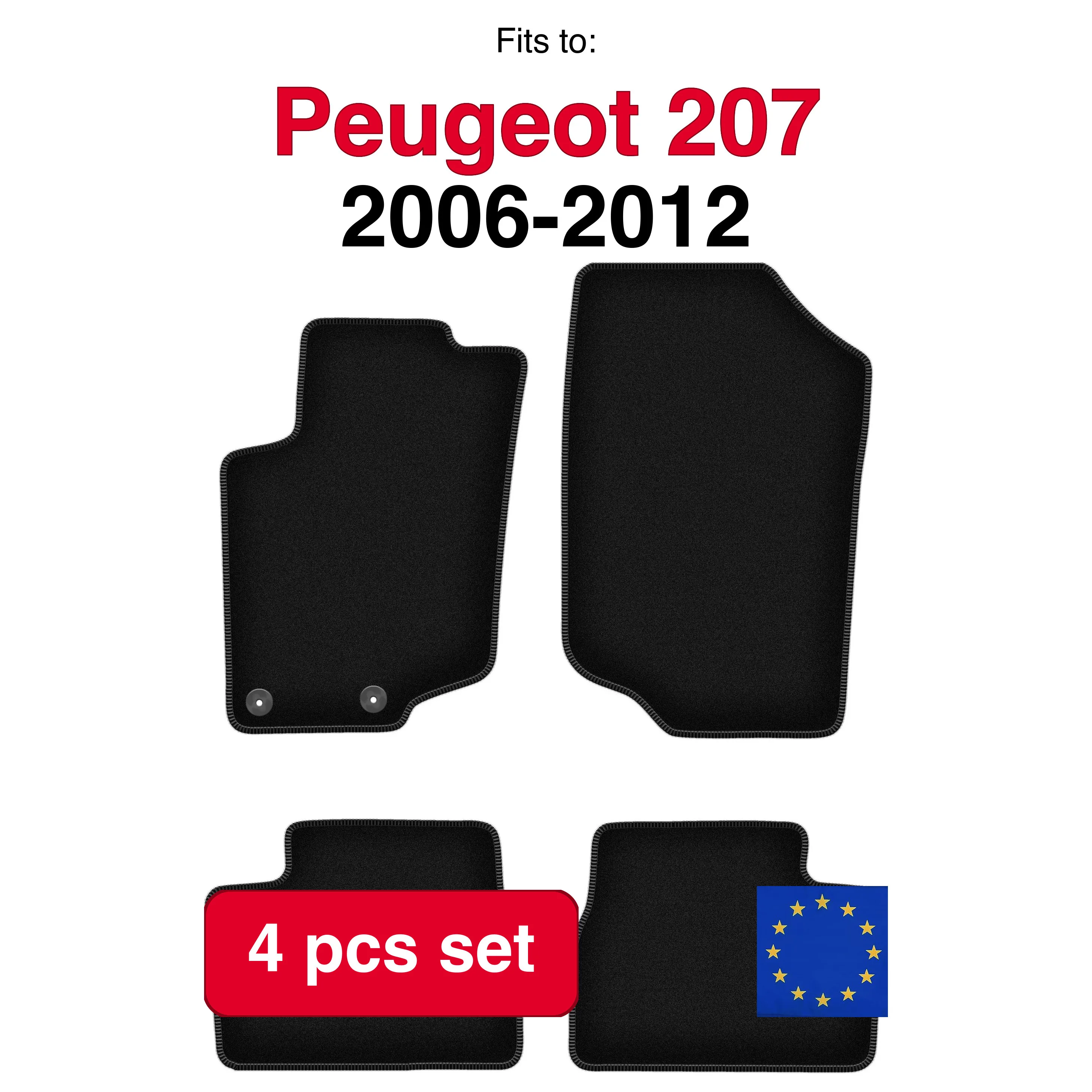 Jeu de tapis en velours pour Peugeot 207 SW, station wagon, hayon (2006-2012) -Noir (4 pièces)