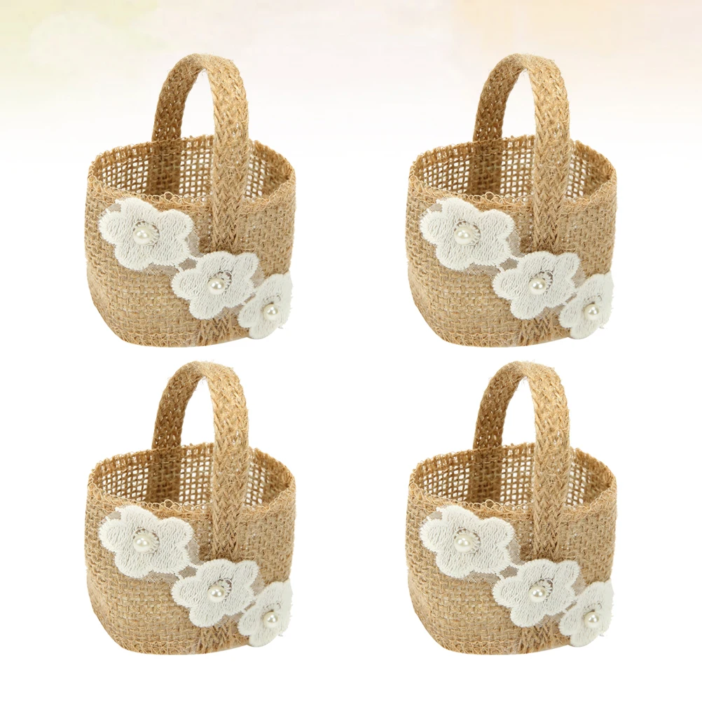 

4Pcs Wedding Gift Basket Linen Burlap Candy Holder Romantic Flower Storage Bag for Party Banquet Decoration Burlap Candy Basket