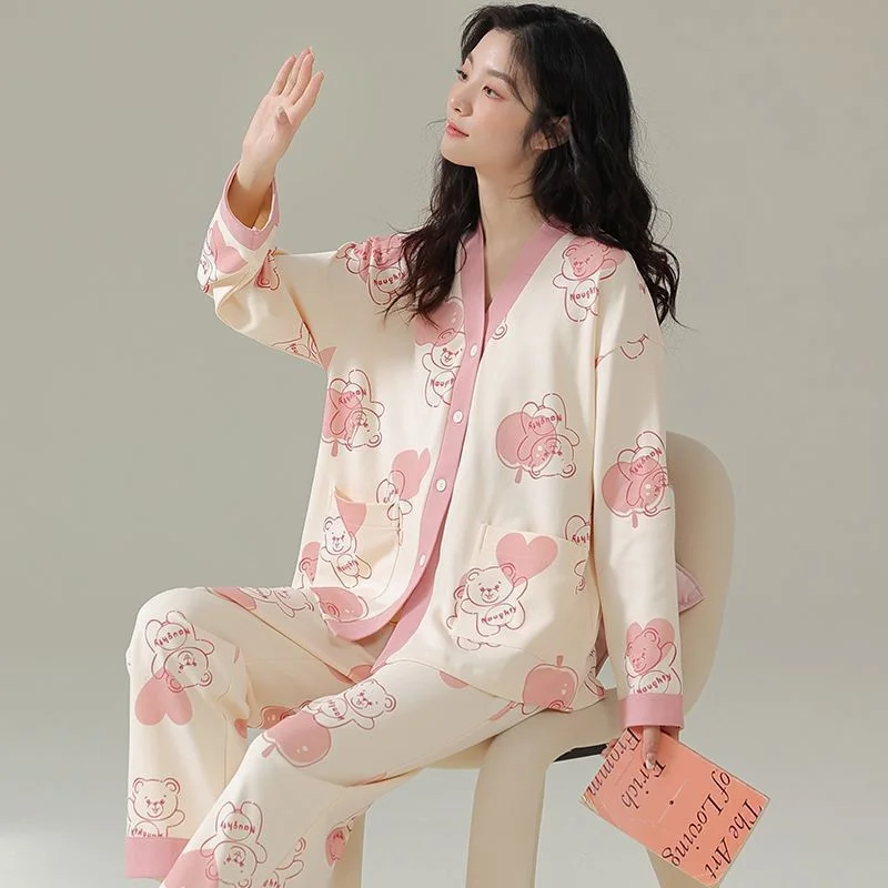 Cute Women Pajamas Autumn Winter Faux Cotton Sleepwear Kimono V-neck Home Suits Nightwear Long Sleeves Sweet Pajamas