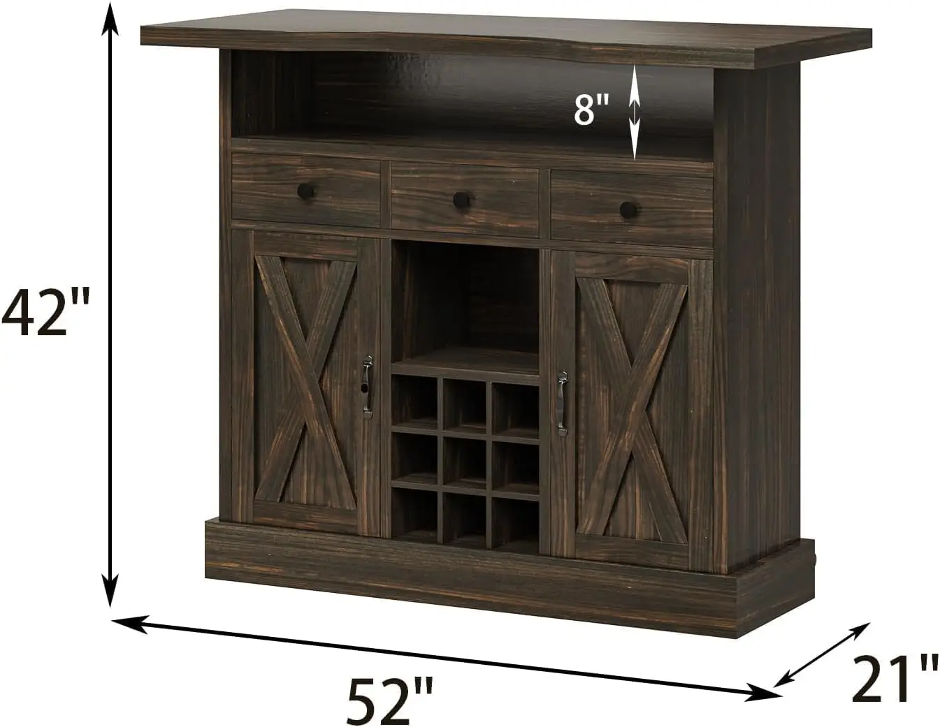 Farmhouse Home Bar Unit with 4-Tier Storage, 52 Inch Home Bar Table with 3 Drawers and 9 Wine Racks, Wine and Liquor Cabinet