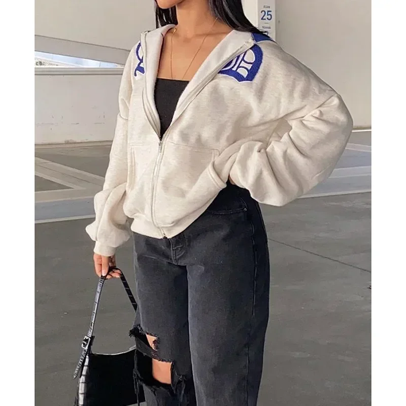 Zip Up Hoodies Women Goth Letter Print Oversized Jackets Autumn Winter Harajuku Hip Hop Streetwear Hooded Sweatshirts Y2k