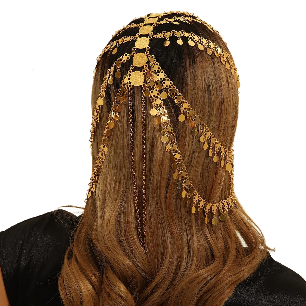Medieval Arabic headwear, Middle Eastern, European and American popular gold alloy coins tassel headband hair chain