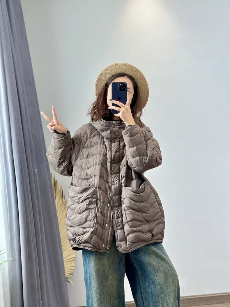 Schinteon Women 90% White Duck Down Jacket Casual Loose Over Size Autumn Winter Light Outwear with Hood Top Quality Coat 2026