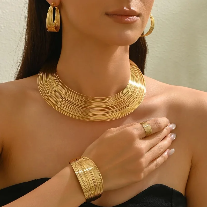 

Fashion Sophisticated Gold Color Wide - Band Jewelry Set Bold Choker C-shaped Earrings Ring Cuff Bracelet Set for Women Gifts