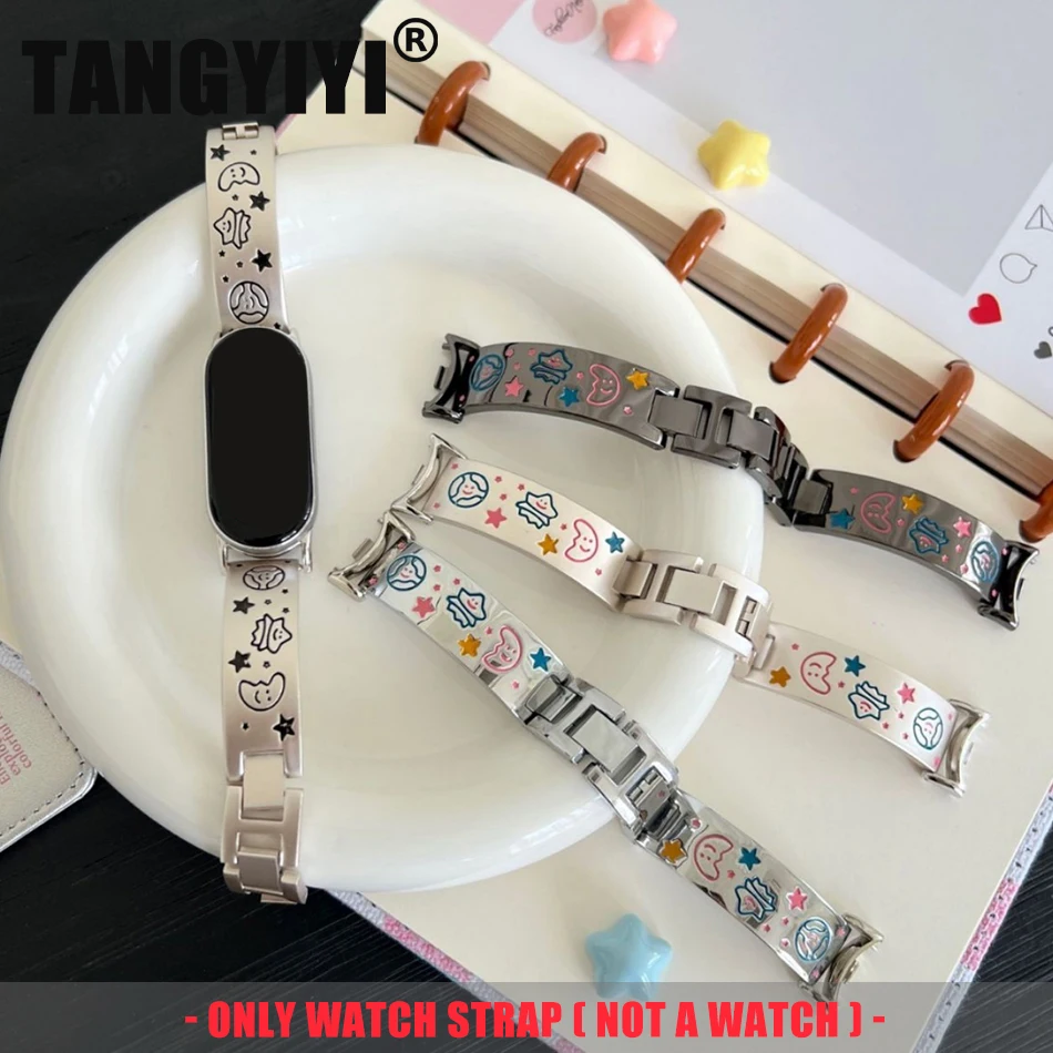 Fashion Cartoon Star Moon Cute Graffiti Pattern Metal Strap For Xiaomi Mi Band 10 9 8 Miband 9 Wrist Bracelet Replace Watchband