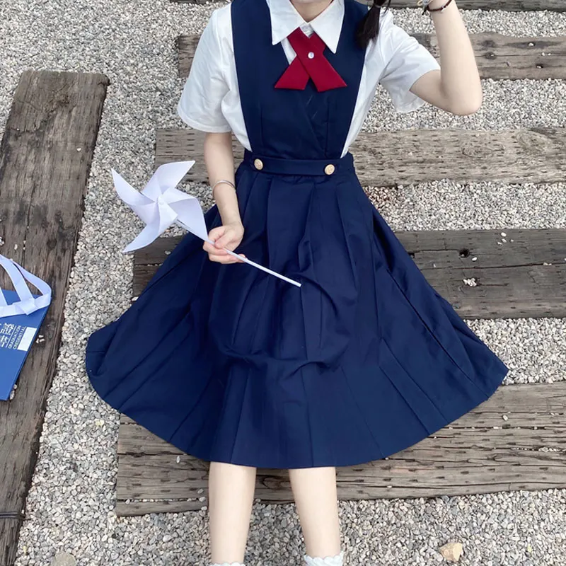 Vestido de verano sin mangas para chica japonesa, traje plisado, uniforme de marinero JK de escuela secundaria, Cosplay, Seifuku, ropa de estudiante, azul marino/rojo